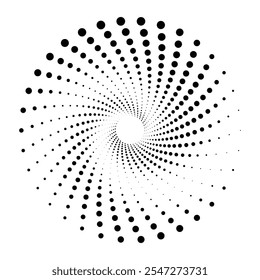 Black round halftone texture. Dotted radial swirl or tornado shape. Gradient circle. Pop art retro style. 