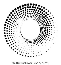 Black round halftone texture. Dotted radial swirl or tornado shape. Gradient circle. Pop art retro style. 
