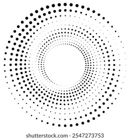 Black round halftone texture. Dotted radial swirl or tornado shape. Gradient circle. Pop art retro style. 