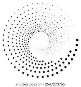 Black round halftone texture. Dotted radial swirl or tornado shape. Gradient circle. Pop art retro style. 
