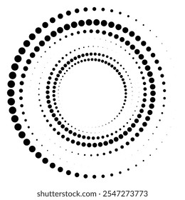 Textura de meio-tom redonda preta. Espiral radial pontilhada ou forma de tornado. Círculo de gradiente. Estilo retrô da arte pop. 