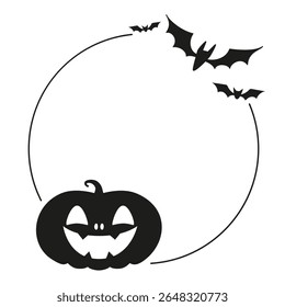 Black round for Halloween frame with Jack pumpkin and bats. Vector illustration isolated on white background