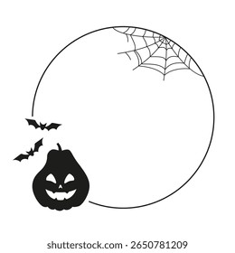 Black round for Halloween frame with Jack pumpkin, bats and spiderweb. Vector illustration isolated on white background