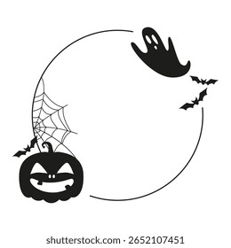 Black round for Halloween frame with Jack pumpkin, bats, spiderweb and ghost. Vector illustration isolated on white background