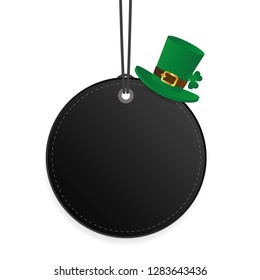 black round hanging label with green leprechaun hat vector illustration EPS10