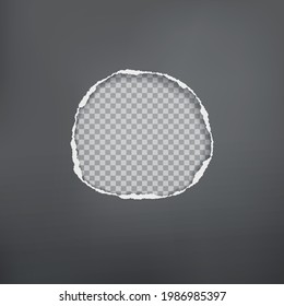 Black round hole composition in paper with torn edges and soft shadow is on squared background. Vector illustration
