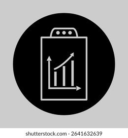 Black round icon with financial chart and progress lines.