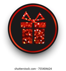 Black round icon with red gift isolated on white. Vector illustration.