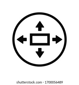 Schwarzes, rundes Raumsymbol, 4 Pfeile mit Rechteck in der Mitte, einfaches flaches Design-Navigations-Vektorgrafik für App-Anzeigen-Webbanner-Button ui ux-Schnittstellenelemente einzeln auf weißem Hintergrund