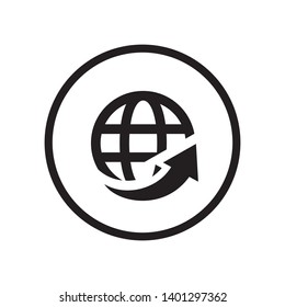 Black round international round globe with turn arrow icon, business infographic interface concept elements, app ui ux web button logo, simple pictogram flat design vector isolated on white background