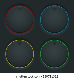 Black round knob buttons and colored backlight. Vector illustration.