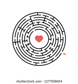 Black round labyrinth with entrance and exit. An interesting and useful game for children. Simple flat vector illustration isolated on white background