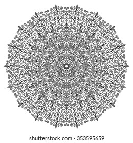 Black Round Lace Ornament. Complex mandala shape for print. Intricate floral pattern, vector flower from black lace.