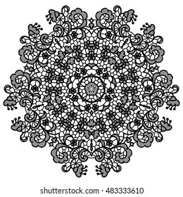 Black round lacy doily. Vector illustration. May be used for decoration or invitations.