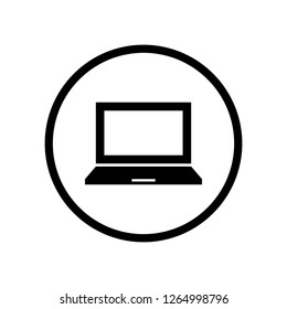 Black round laptop screen monitor icon, simple clear button sign & symbol, flat design interface element for app ads logo ui ux seal web banner button, infographic vector isolated on white background