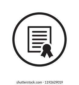Black round line warranty document icon, simple award text paper flat design pictogram interface element app ui ux web button logo, simple graphic flat design vector isolated on white background