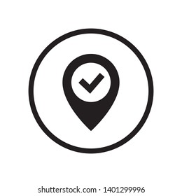 Black round location pin with checkmark v circle icon, interface concept elements, app ui ux web button logo, modern graphic glyphs flat design vector eps 10 isolated on white background