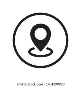 Black round location pin with ring circle icon, bubble target flat design vector pictogram vector for app ads logotype web website button ui ux interface elements isolated on white background