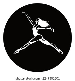 Black round logo emblem with a bull symbol of a human female ballerina. Sporty elegant ballet. Black background.