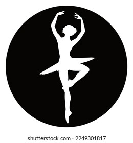 emblema del logo redondo negro con un símbolo de toro de una bailarina humana. Ballet deportivo y elegante. Fondo negro.