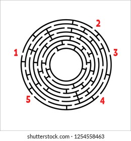 Black round maze. Game for kids. Children's puzzle. Many entrances, one exit. Labyrinth conundrum. Simple flat vector illustration isolated on white background. With place for your image.