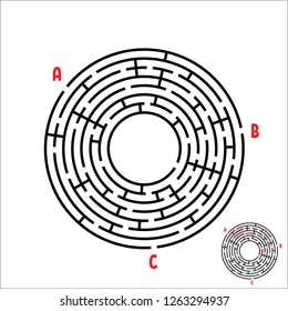 Black round maze. Game for kids. Children's puzzle. Many entrances, one exit. Labyrinth conundrum. Simple flat vector illustration isolated on white background. With place for your image.