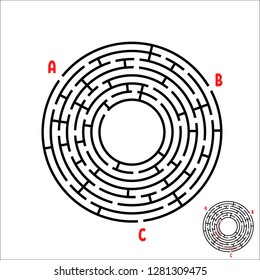 Black round maze. Game for kids. Children's puzzle. Many entrances, one exit. Labyrinth conundrum. Simple flat vector illustration isolated on white background. With place for your image.