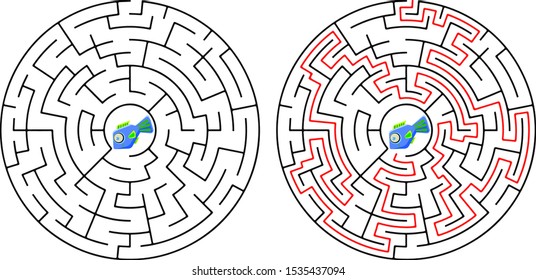 Black round maze. Game for kids. Children s puzzle. Many entrances, one exit. Labyrinth conundrum. Simple flat vector illustration isolated on white background.