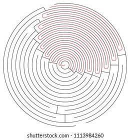 Black round maze with help on a white background