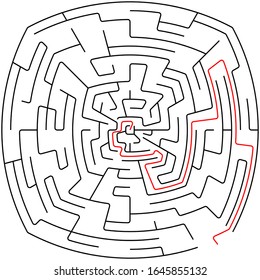 Black round maze with help on a white background
