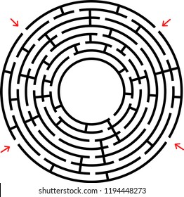 Schwarzes rundes Labyrinth mit einem Platz für Ihre Zeichnung. Ein interessantes und nützliches Spiel für Kinder. Einfache flache Vektorgrafik einzeln auf weißem Hintergrund