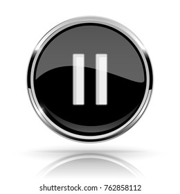 Black round media button. PAUSE button. Shiny icon with chrome frame and with reflection. Vector 3d illustration on white background