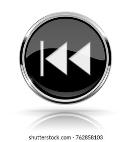 Black round media button. REWIND button. Shiny icon with chrome frame and with reflection. Vector 3d illustration on white background
