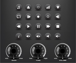 Black Round Media Player Buttons And Fader With Shadows On The Black Background