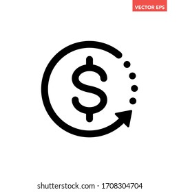 Black round money back refund investment icon, repeat arrow flat design vector pictogram, infographic interface elements for app logo web button ui ux isolated on white background