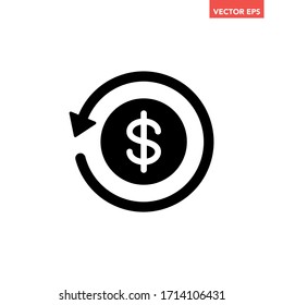 Black round money back refund investment icon, repeat arrow flat design vector pictogram, infographic interface elements for app logo web button ui ux isolated on white background