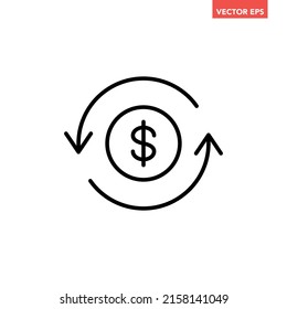 Black round money back refund investment line icon, simple global repeat arrows flat design pictogram, infographic vector for app logo web button ui ux interface elements isolated on white background