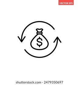 Black round money back refund investment line icon, repeat arrow flat design vector pictogram, infographic interface elements for app logo web button ui ux isolated on white background
