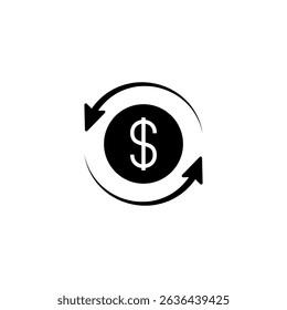 Black round money back refund investment icon, repeat arrow flat design vector pictogram, infographic interface elements for app logo web button ui ux isolated on white background