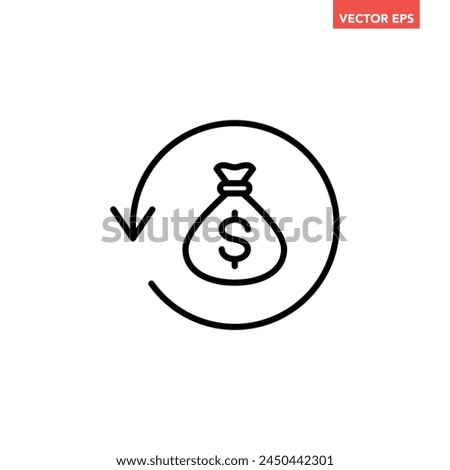 Black round money back refund investment icon, repeat arrow flat design vector pictogram, infographic interface elements for app logo web button ui ux isolated on white background
