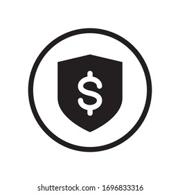 Black round money protection shield icon, business dollar shield shape flat design infographic pictogram vector, app logo web button ui ux interface elements isolated on white background