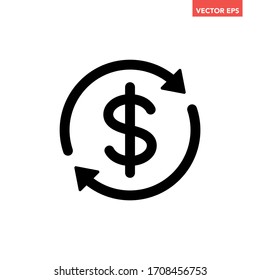 Black round money transfer icon, financial arrow revolved usd $ sale flat design vector pictogram, infographic interface elements for app logo web button ui ux isolated on white background