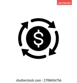 Black round money transfer icon, financial arrow revolved usd $ sale flat design vector pictogram, infographic interface elements for app logo web button ui ux isolated on white background