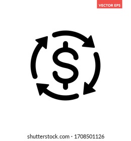 Black round money transfer icon, simple arrow financial usd dollar mark sale flat design vector pictogram, infographic interface elements for app logo web button ui ux isolated on white background