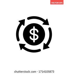 Black round money transfer icon, simple arrow financial usd dollar mark sale flat design vector pictogram, infographic interface elements for app logo web button ui ux isolated on white background