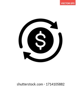 Black round money transfer icon, simple arrow financial usd dollar mark sale flat design vector pictogram, infographic interface elements for app logo web button ui ux isolated on white background