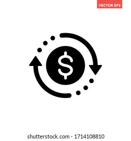 Black round money transfer icon, simple arrow financial usd dollar mark sale flat design vector pictogram, infographic interface elements for app logo web button ui ux isolated on white background