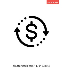 Black round money transfer icon, simple arrow financial usd dollar mark sale flat design vector pictogram, infographic interface elements for app logo web button ui ux isolated on white background