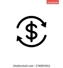 Black round money transfer icon, simple arrow financial usd dollar mark sale flat design vector pictogram, infographic interface elements for app logo web button ui ux isolated on white background