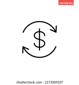 Black round money transfer lin icon, simple financial dollar mark sale flat design vector pictogram, infographic interface elements for app logo web button ui ux isolated on white background